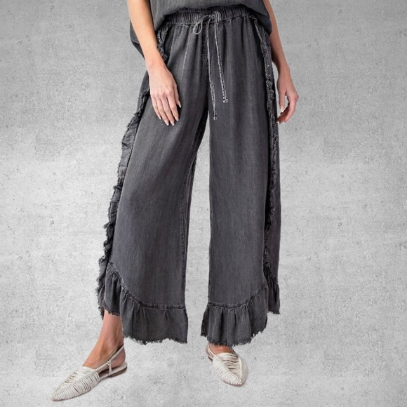 EASEL Raw Ruffle Trim Lightweight Pants Elastic & Drawstring Waist & Scooped Hem - Picture 15 of 16